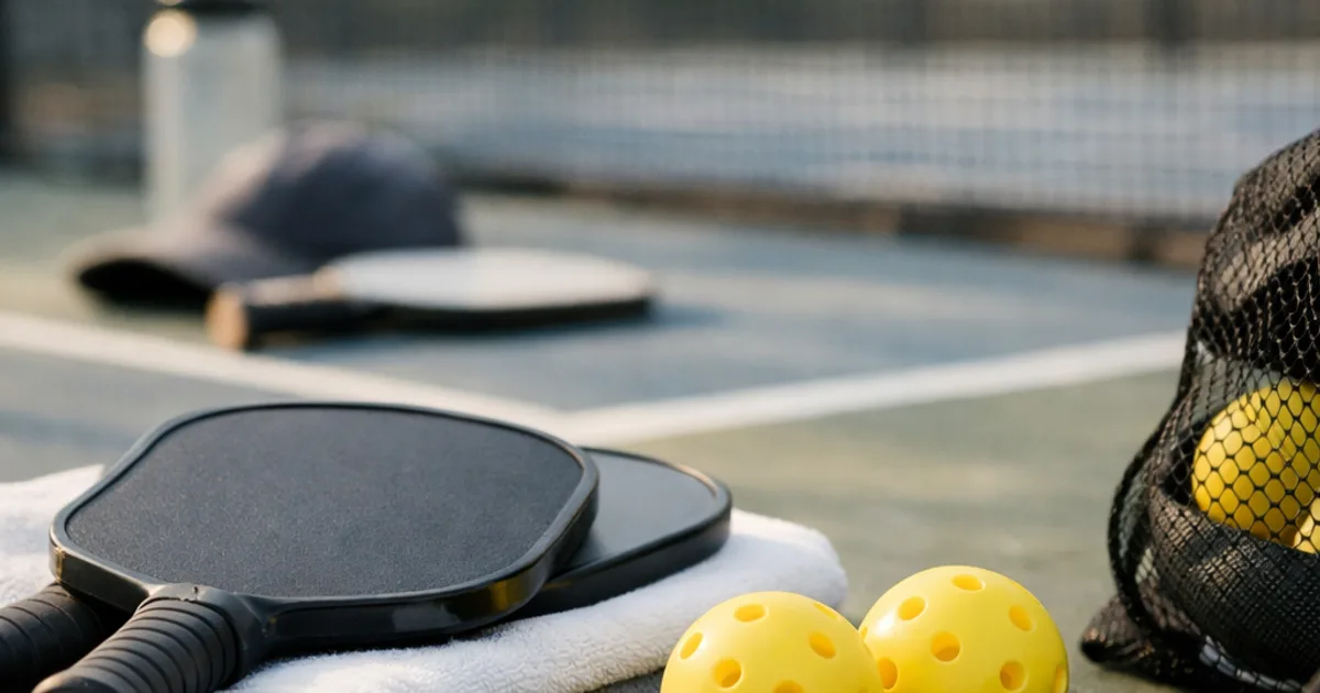 Zwei gelbe Pickleball-Bälle neben schwarzen Paddles, Handtuch, Netztasche und Schuh auf Platz