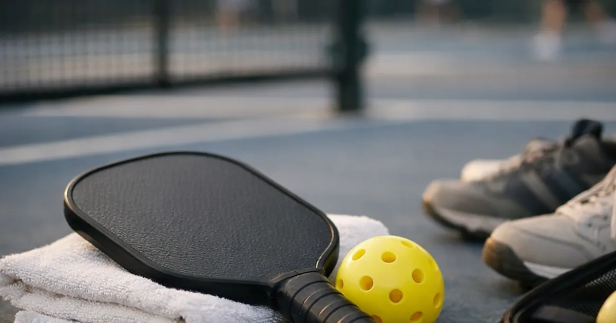 Schwarzes Pickleball-Paddle auf weißem Handtuch mit gelbem Ball, Schuhen und Tasche am Platz