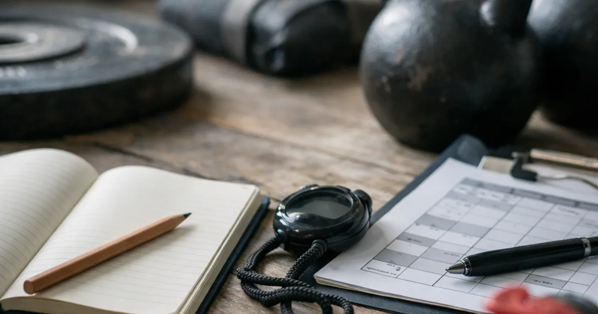 Notizbuch mit Bleistift, Stoppuhr, Klemmbrett und Kettlebells auf Holztisch