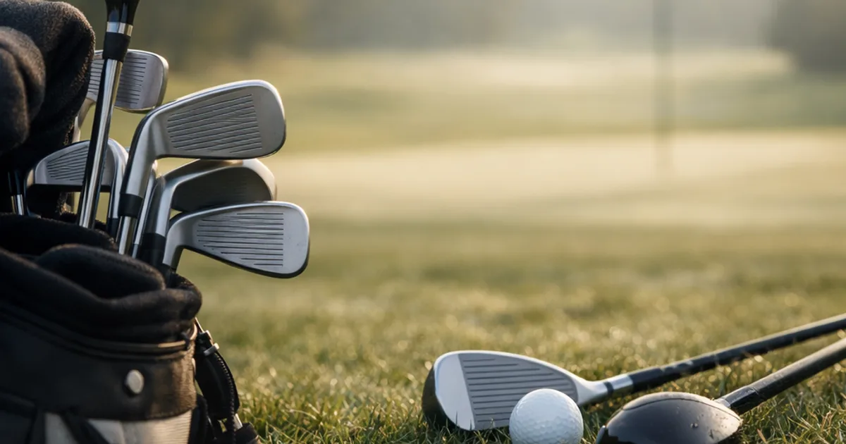 Golfbag mit Schlägern, daneben Eisen, Ball und Driver im Gras bei Gegenlicht