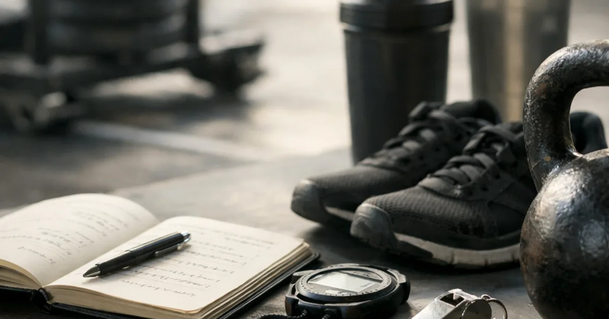 Notizbuch, Stift, Stoppuhr, Trillerpfeife, Kettlebell, Sportschuhe und Shaker auf grauem Tisch