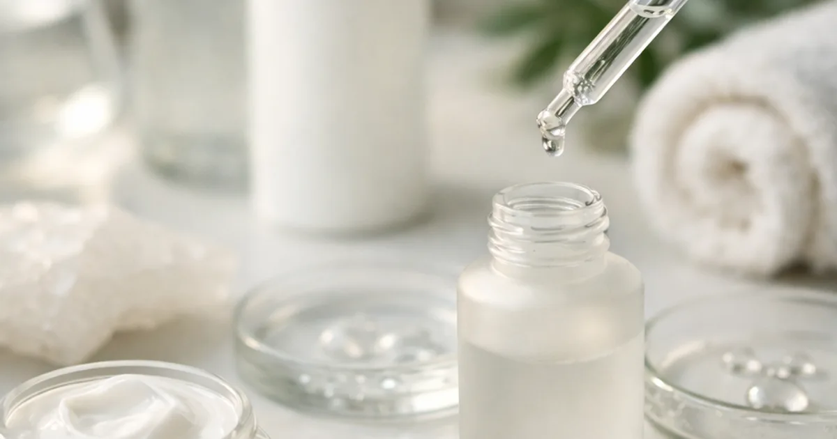 Pipette tropft Serum in offene Milchglasflasche, daneben Cremetiegel, Petrischalen und gerolltes Handtuch