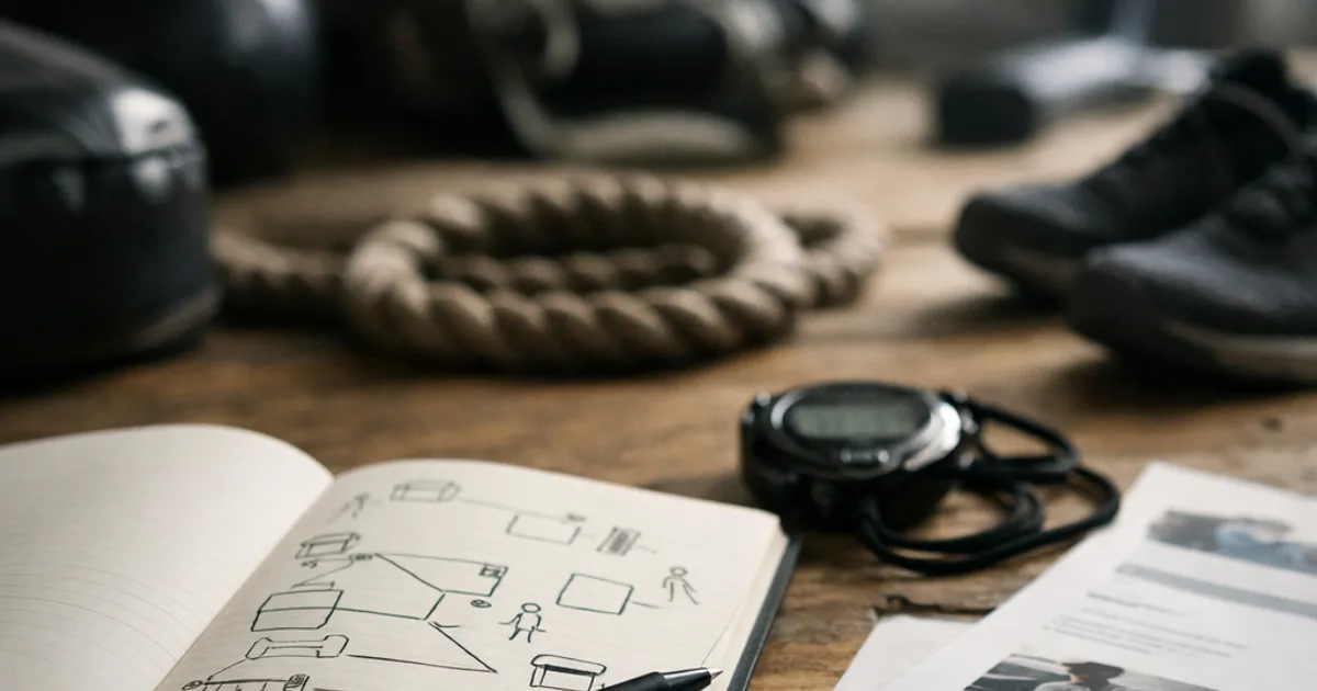 Aufgeschlagenes Notizbuch mit Skizzen, Stift, Stoppuhr und Ausdrucken auf Holztisch, Trainingsgeräte unscharf