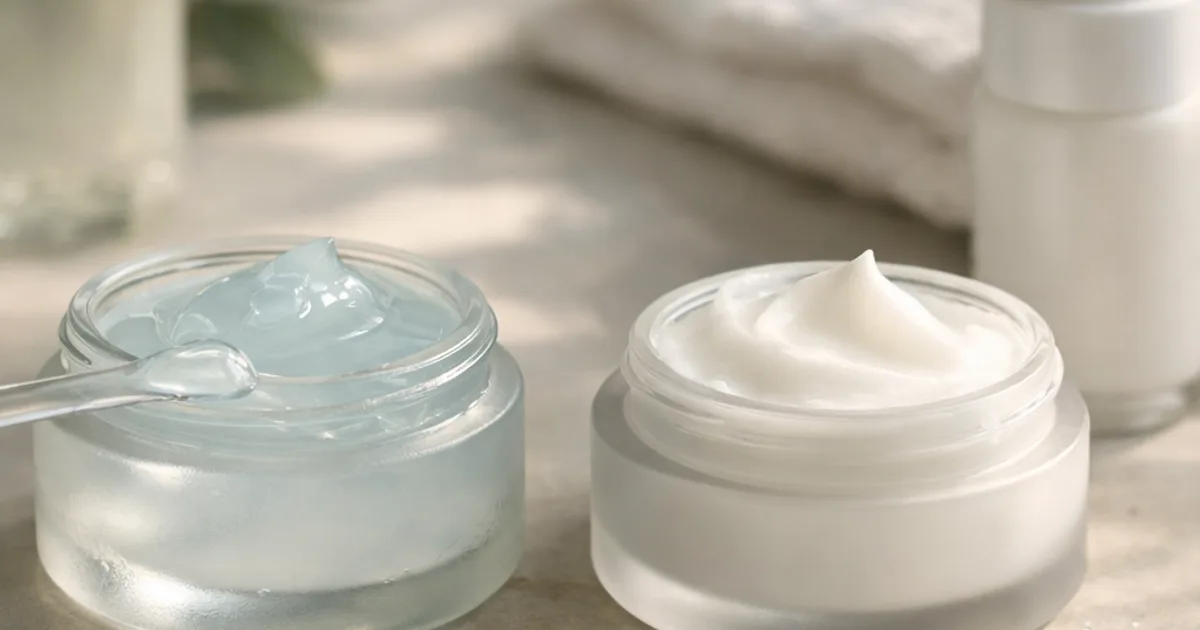 Zwei offene Glastiegel mit bläulichem Gel und weißer Creme, Handtuch und Pumpspender im Hintergrund