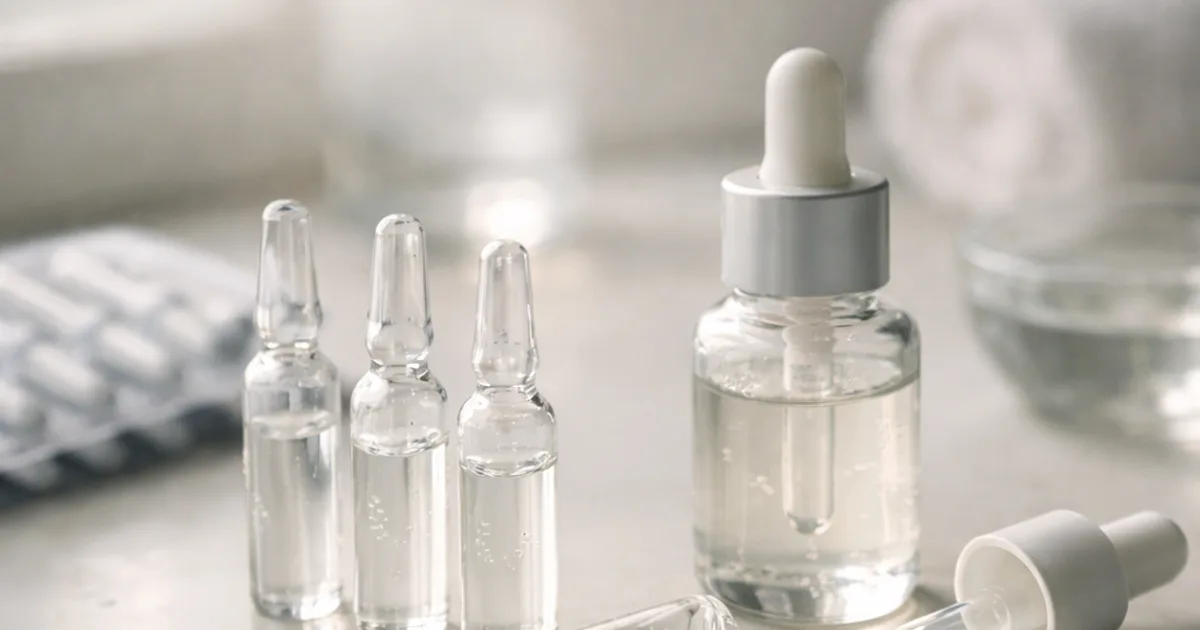 Vier Glasampullen und Serumflasche mit Pipette auf heller FlÀche, Handtuch im Hintergrund