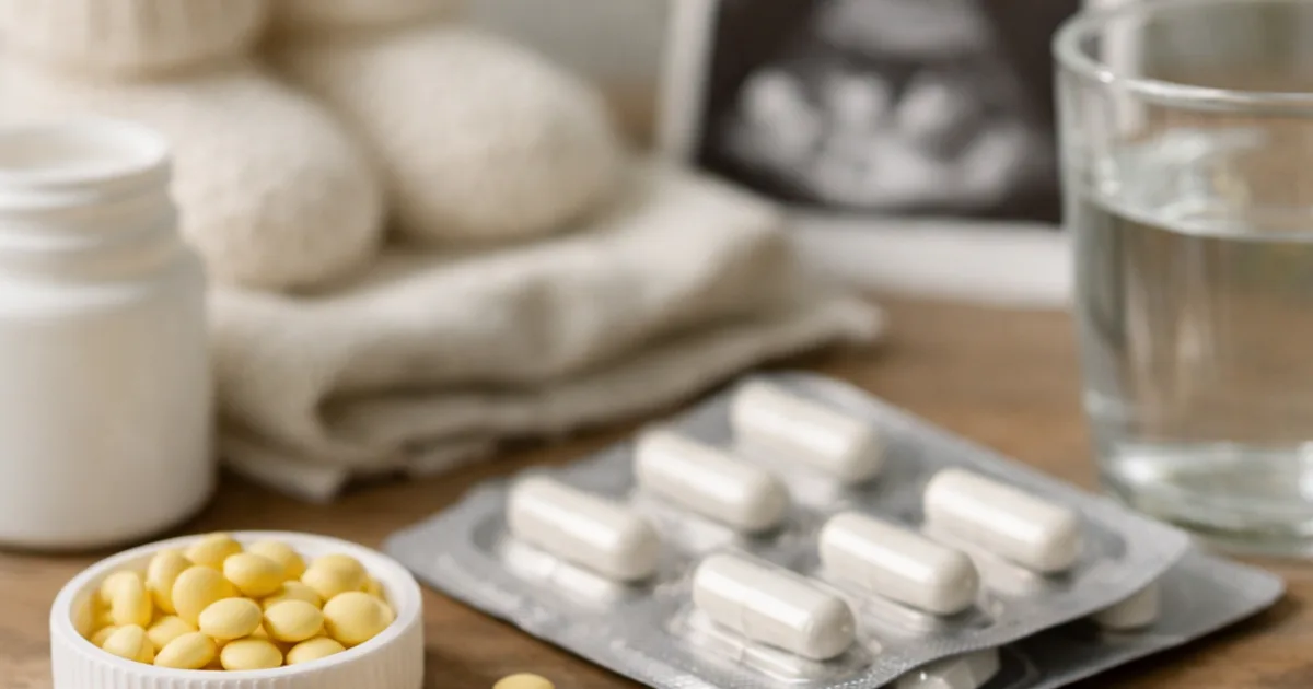 Weiße Kapseln im Blister, gelbe Tabletten, Wasserglas, Babyschuhe und Ultraschallbild auf Holztisch