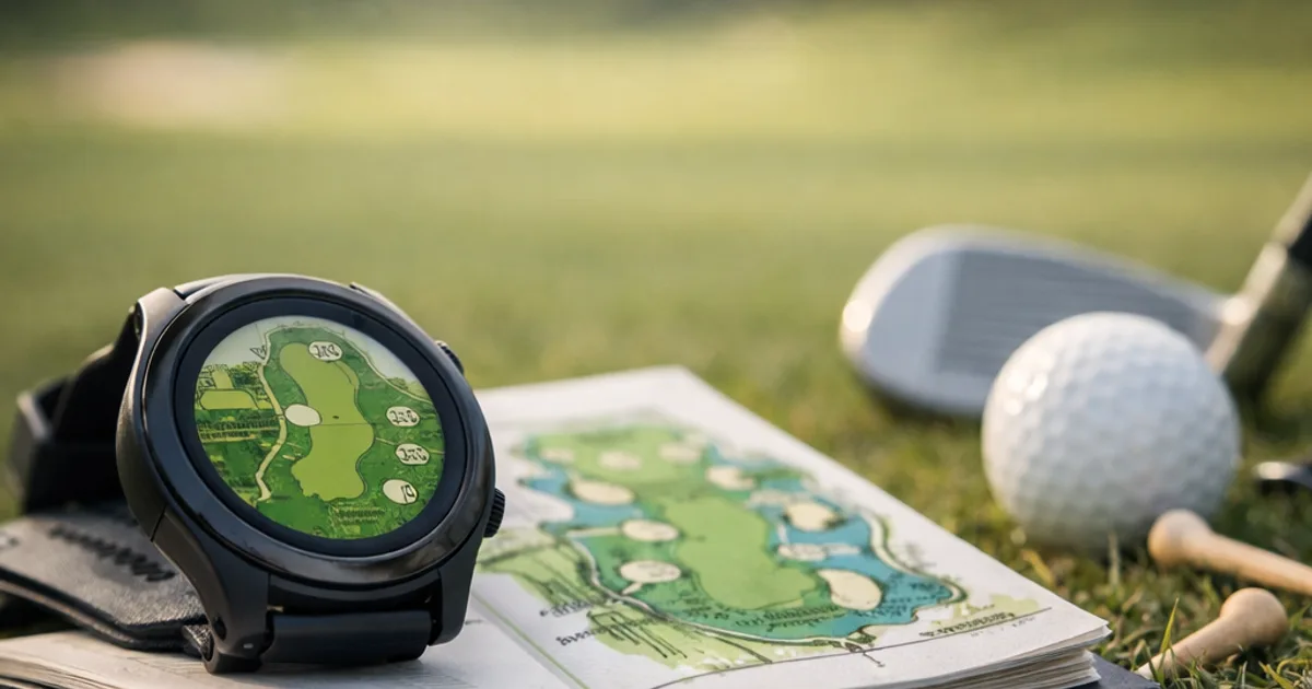 Schwarze Smartwatch mit Platzkarte auf aufgeschlagenem Buch, dahinter Golfball, Schläger und Tees im Gras