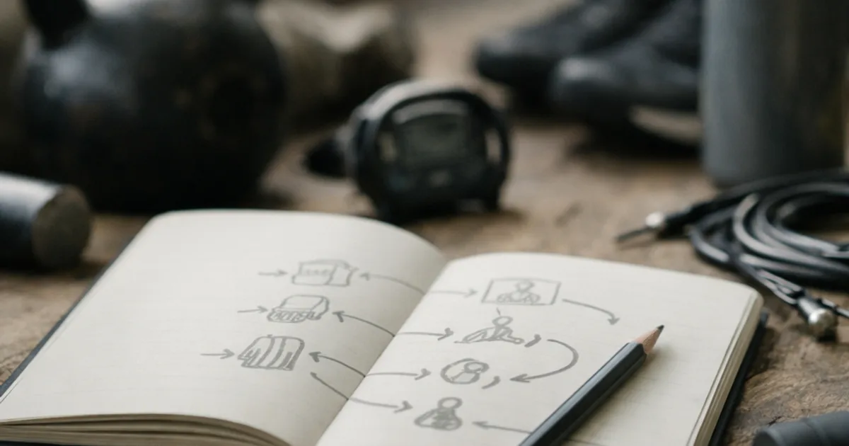 Aufgeschlagenes Notizbuch mit Skizzen und Bleistift auf Holztisch, dahinter Kettlebell, Trinkflasche, Sportschuhe
