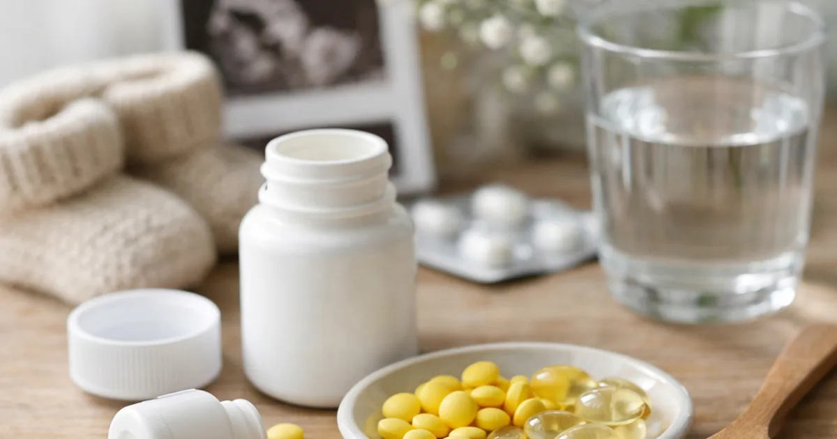 Gelbe Tabletten und Ölkapseln in Schale, weiße Dosen, Wasserglas, Ultraschallbild und Babyschuhe
