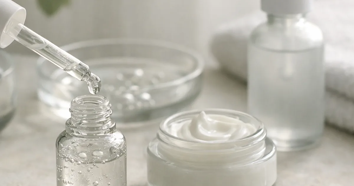 Pipette tropft klares Serum in Glasflasche, daneben offener Cremetiegel und Glaskugeln auf hellem Stein