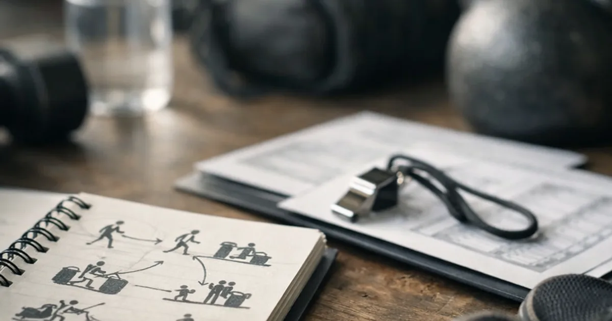 Notizbuch mit Trainingsskizzen, Trillerpfeife, Kettlebell, Wasserflasche, Sporttasche und Schuhen auf Holztisch