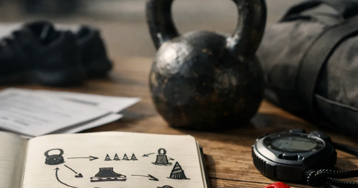 Aufgeschlagenes Notizbuch mit Trainingsskizzen, Stift, Kettlebell, Stoppuhr und rote Trillerpfeife auf Holztisch