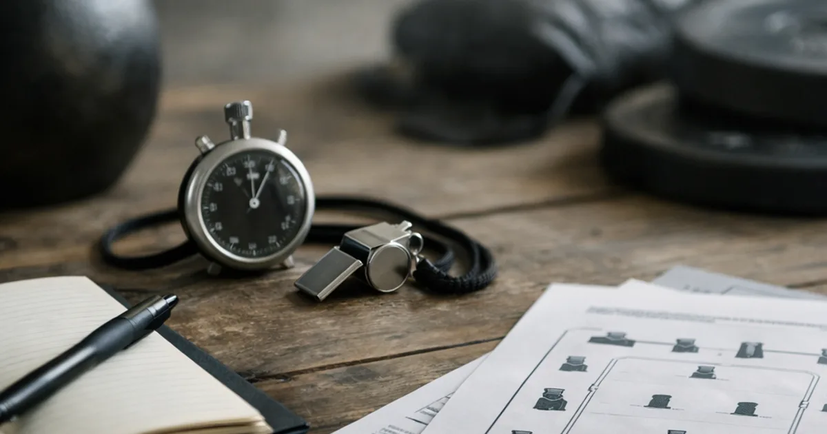 Stoppuhr, Trillerpfeife, Notizbuch mit Stift und Trainingsplan auf Holztisch, Kettlebell im Hintergrund