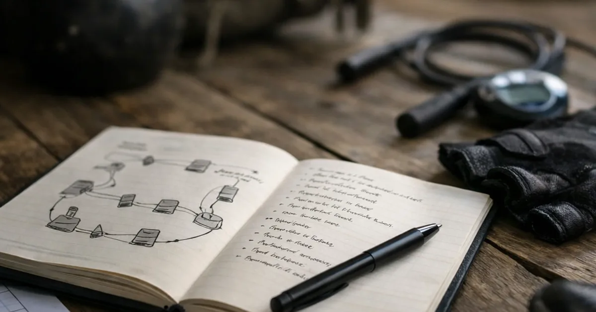 Aufgeschlagenes Notizbuch mit Skizze und Stift auf Holztisch, Kettlebell, Springseil, Handschuhe