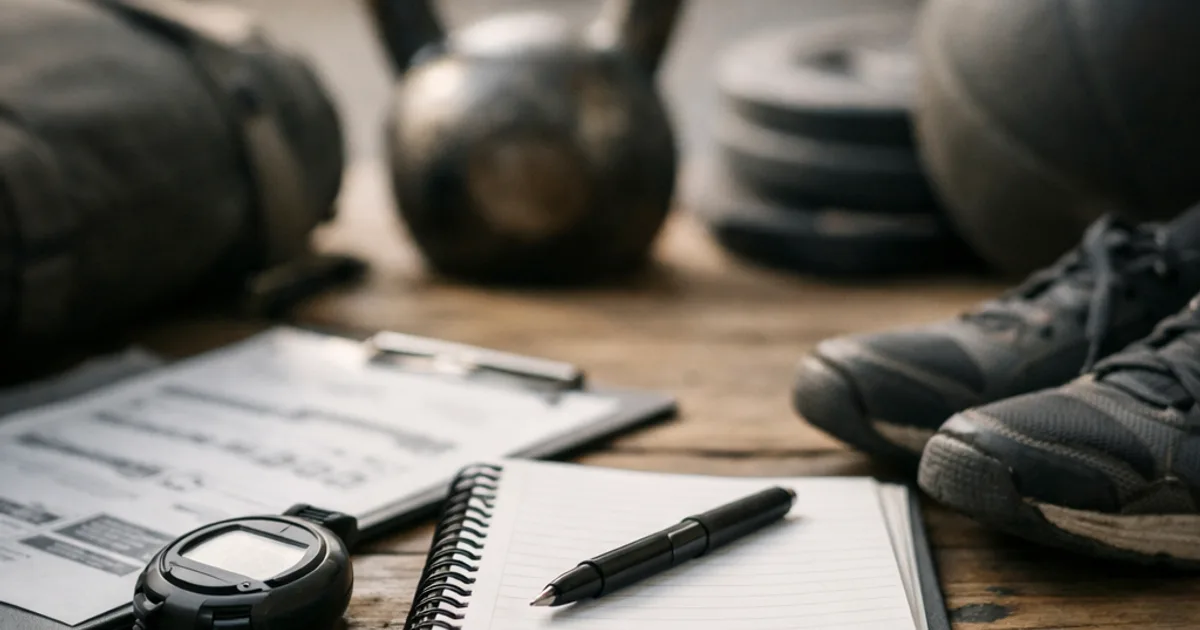 Notizblock mit Stift, Stoppuhr und Klemmbrett auf Holztisch, dahinter Kettlebell, Hanteln und Sportschuhe