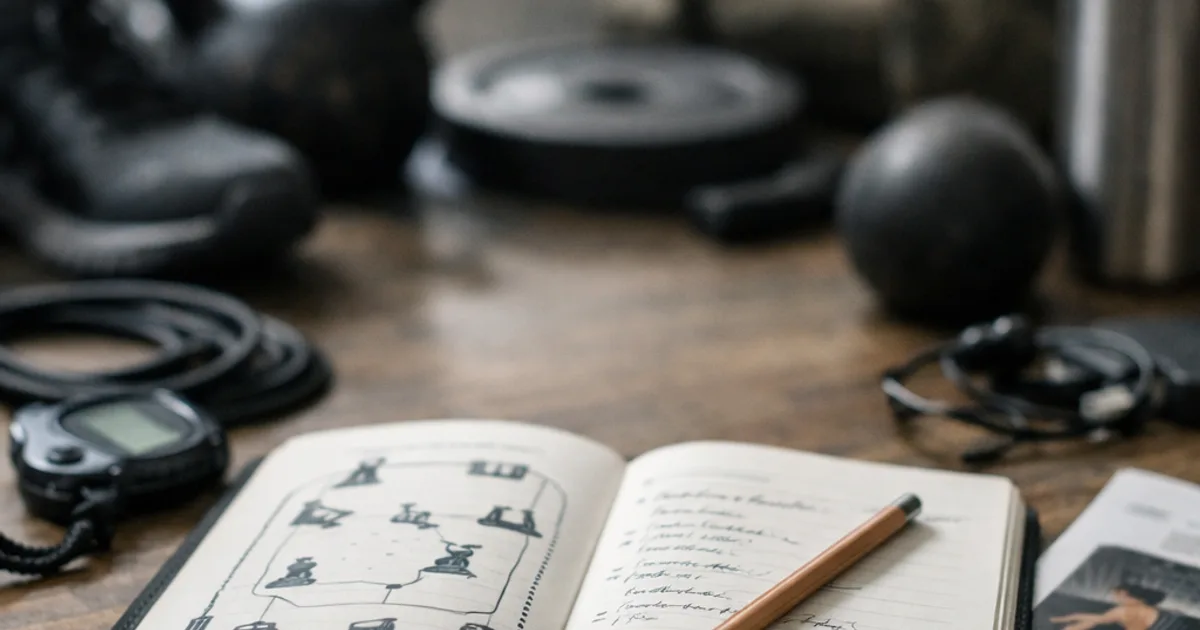 Aufgeschlagenes Notizbuch mit Bleistift auf Holztisch, dahinter unscharf Kettlebell, Hantelscheibe, Trinkflasche