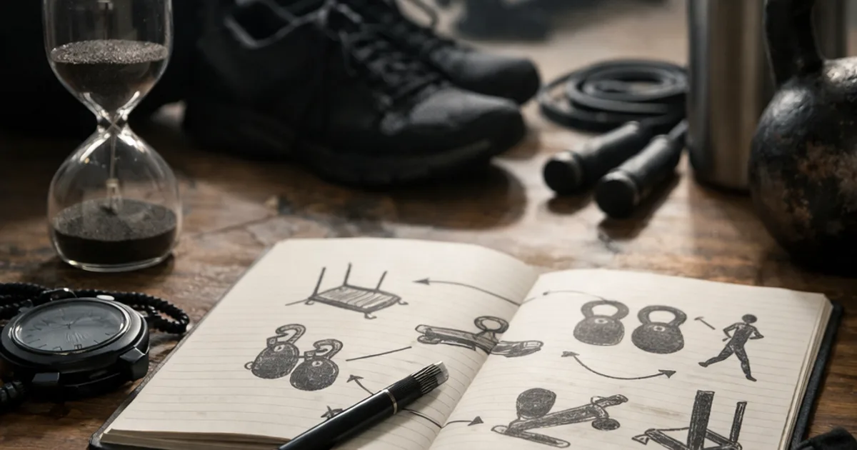 Aufgeschlagenes Notizbuch mit Trainingsskizzen, Stift, Sanduhr, Kettlebell, Sportschuhen und Springseil auf Holztisch