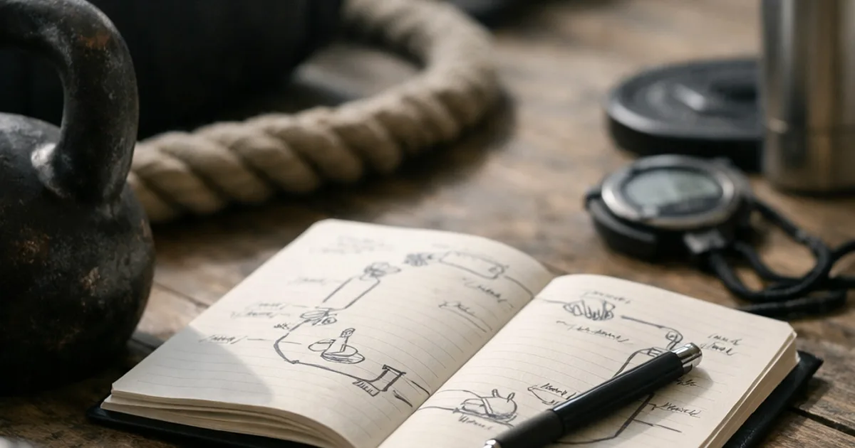 Aufgeschlagenes Notizbuch mit Skizzen und Kugelschreiber auf Holztisch, Kettlebell, Tau, Trinkflasche, Stoppuhr