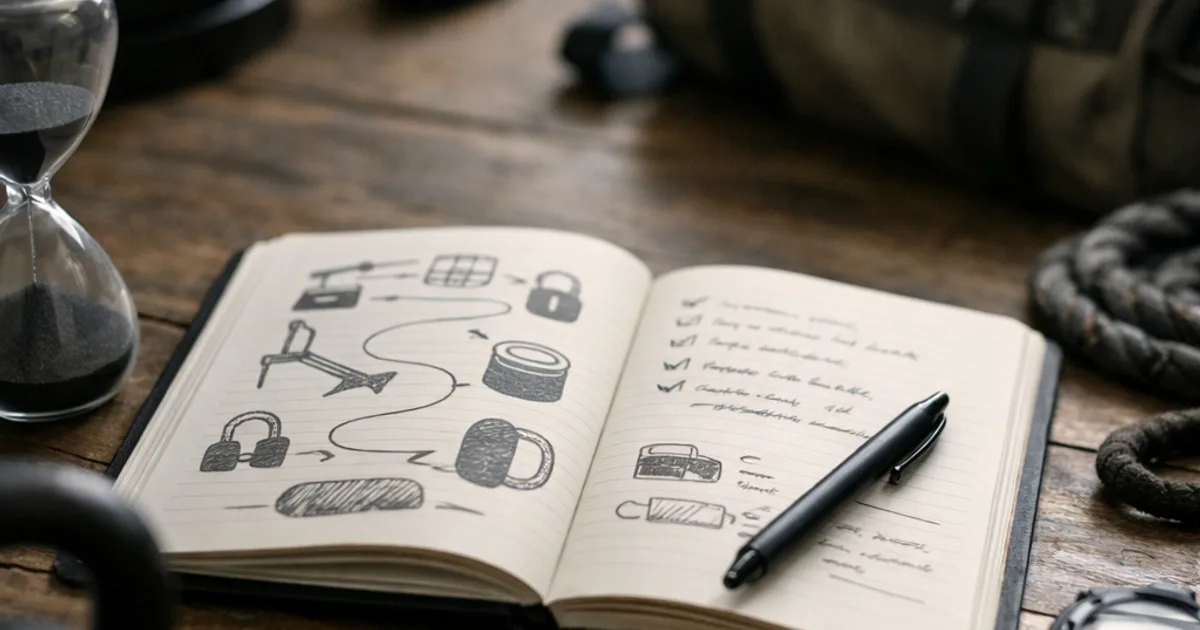 Aufgeschlagenes Notizbuch mit Skizzen und Stift auf Holztisch, Kettlebell, Sanduhr, Sporttasche, Stoppuhr