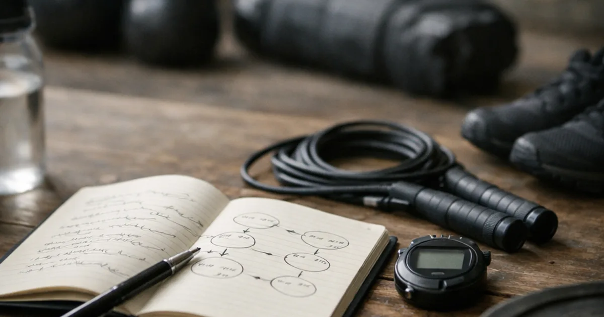 Aufgeschlagenes Notizbuch mit Stift, Stoppuhr, Springseil, Hantelscheiben und Kettlebells auf Holztisch #