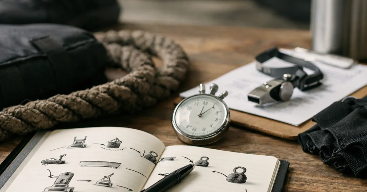 Aufgeschlagenes Notizbuch mit Trainingsskizzen, Stift, Stoppuhr, Tau, Trillerpfeife und Flasche auf Holztisch