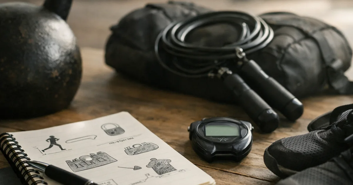 Kettlebell, Springseil, Stoppuhr, Notizbuch mit Stift, Sportschuhe und Hantelscheibe auf Holztisch