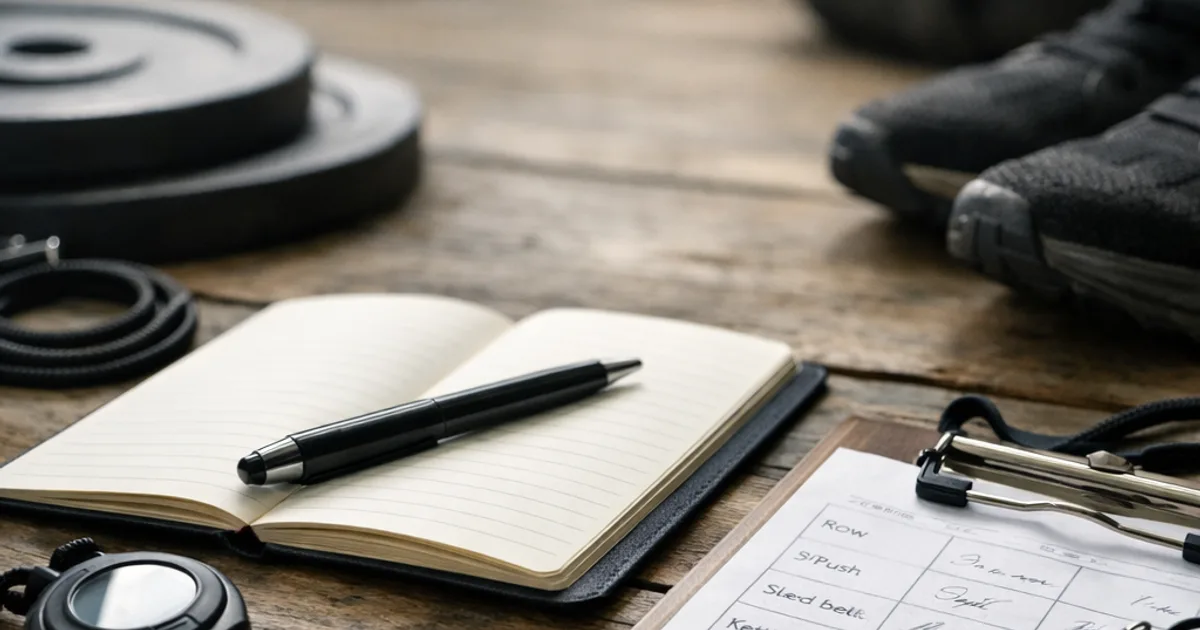 Aufgeschlagenes Notizbuch mit Stift, Stoppuhr, Klemmbrett mit Trainingsliste, Trillerpfeife und Hantelscheiben auf Holztisch