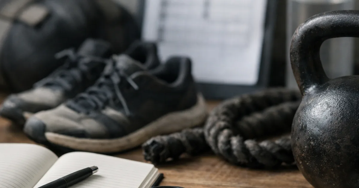 Fitnessutensilien auf Holztisch: Notizbuch, Stoppuhr, Kettlebell, Laufschuhe, Tau, Klemmbrett und Trinkflasche