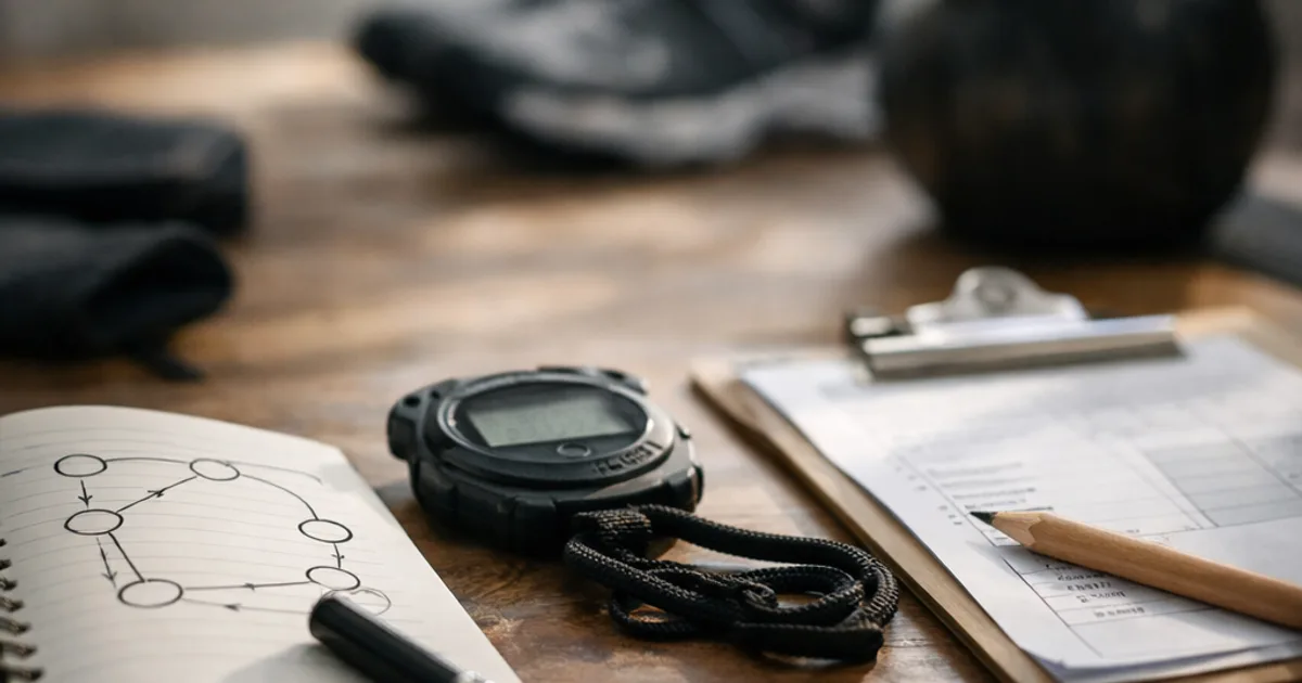 Notizbuch mit Skizze, Stoppuhr, Klemmbrett und Bleistift auf Holztisch, dahinter Kettlebell und Sportschuhe