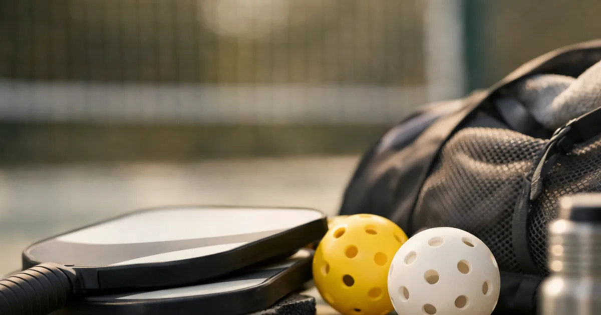 Zwei Pickleball-Schläger, gelber und weißer Lochball, schwarze Sporttasche und Trinkflasche auf Platz