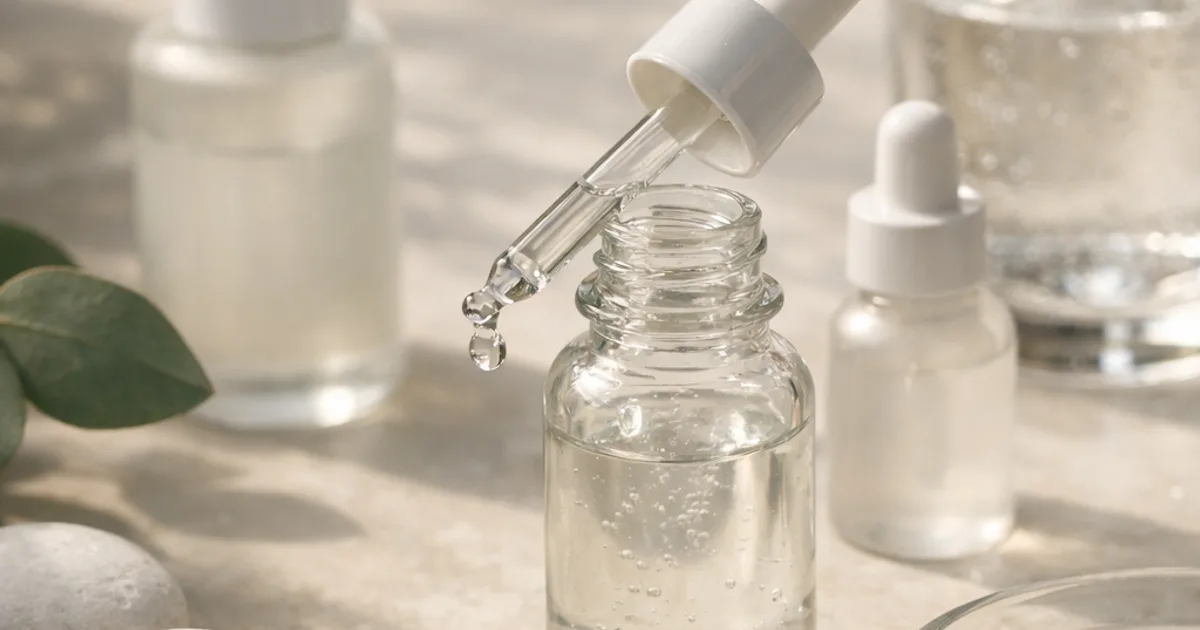 Geöffnete Serumflasche mit Pipette und Tropfen, daneben Spender, Steine, Wasserglas und Eukalyptusblätter