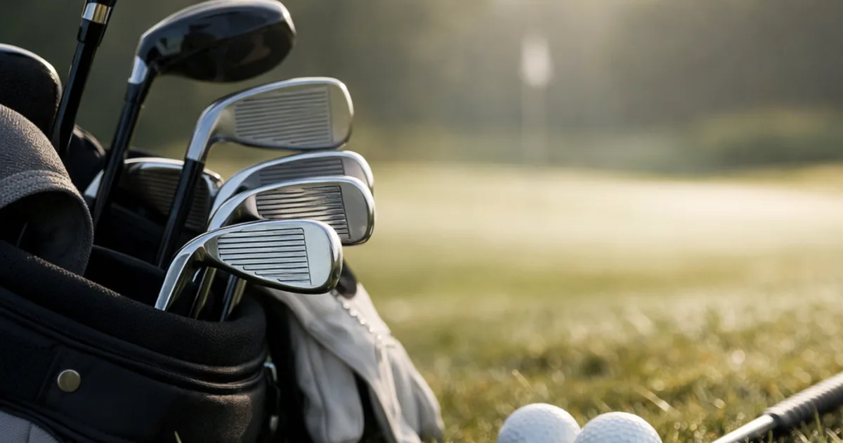 Golfbag mit Schlägern, Handschuh, zwei Bällen, Tee und Eisen auf Rasen