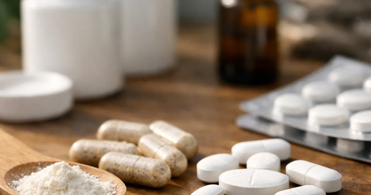 Kapseln, weiße Tabletten und Pulver auf Holzlöffel vor Dosen, Tropfflasche und Blister