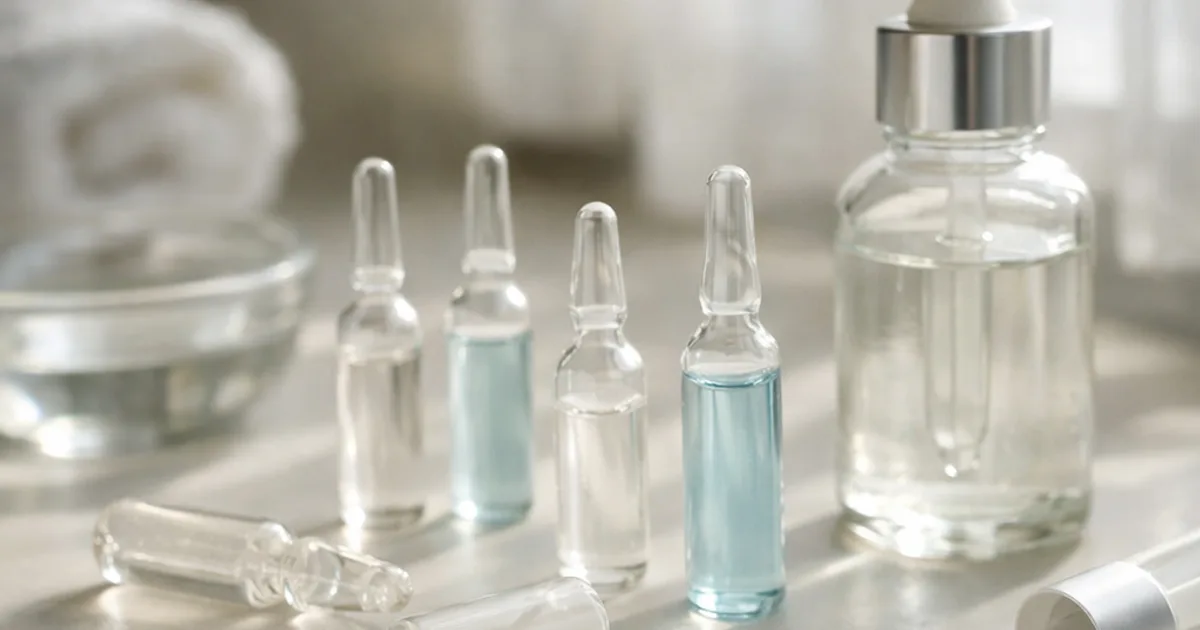 Mehrere Glasampullen mit klarer und blauer Flüssigkeit neben Serumflasche mit Pipette