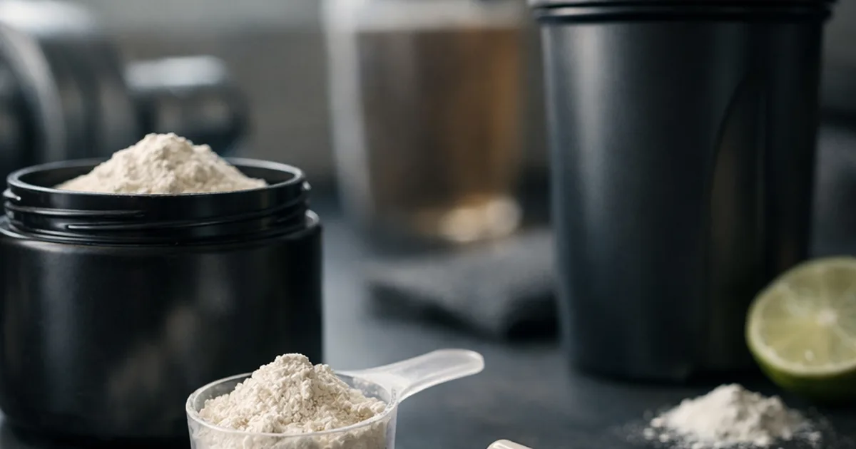 Messlöffel mit weißem Pulver, schwarze Dose, Shaker, zwei Kapseln und Limettenhälfte auf dunkler Fläche