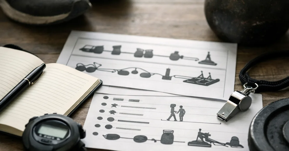 Trainingspläne mit Piktogrammen auf Holzboden, daneben Kettlebell, Stoppuhr, Notizbuch, Trillerpfeife und Sportschuhe