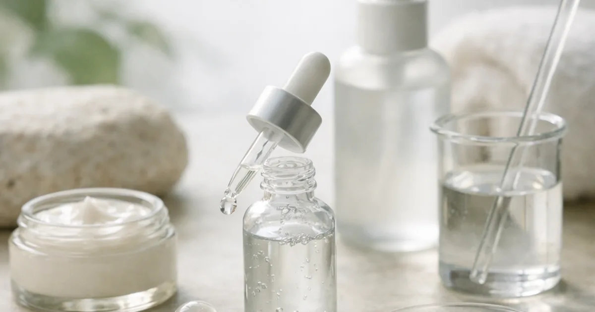 Serumflasche mit Pipette, Cremetiegel, Spenderflasche, Becherglas und Petrischale auf hellem Stein