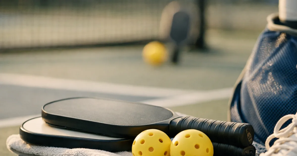 Zwei schwarze Pickleball-Schläger mit gelben Bällen auf Handtuch, daneben Tasche und Schuh
