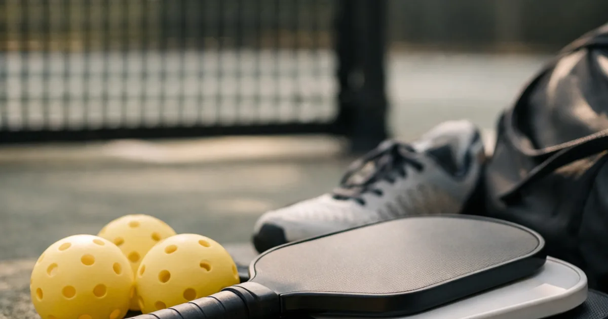 Zwei Pickleball-Schläger, drei gelbe Bälle, Schuh und Sporttasche auf Platz vor Netz
