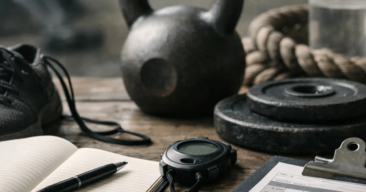 Kettlebell, Hantelscheiben, Stoppuhr, Notizbuch mit Stift, Klemmbrett, Schuh und Trinkflasche auf Holztisch