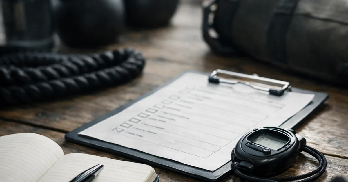 Klemmbrett mit Trainingsplan, Stoppuhr, Notizbuch und Stift, Kettlebells und Seil im Hintergrund