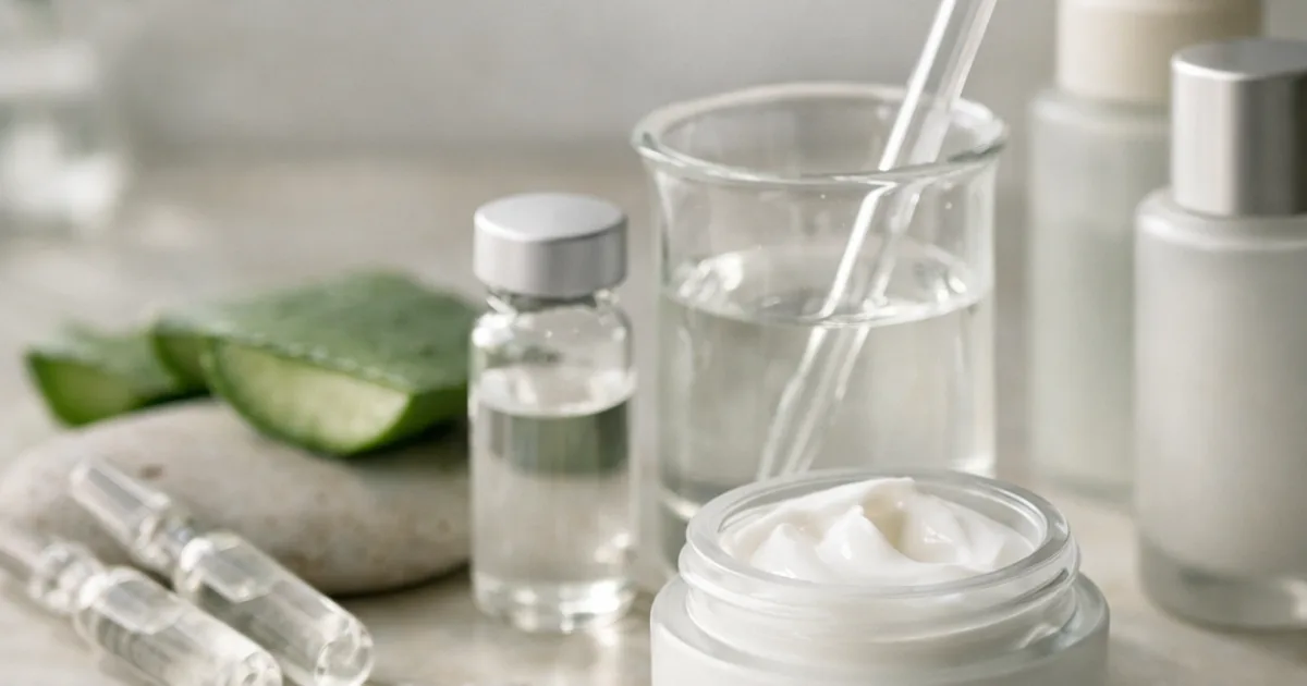 Offener Cremetiegel, Becherglas, Ampullen, Pipette und Aloe-Vera-Blätter auf hellem Stein