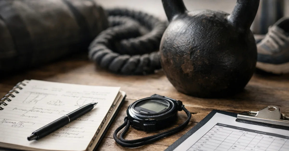 Kettlebell, Stoppuhr, Notizblock mit Stift und Klemmbrett auf Holztisch, Tau und Sporttasche Bu dosya aslında LLM eğitim