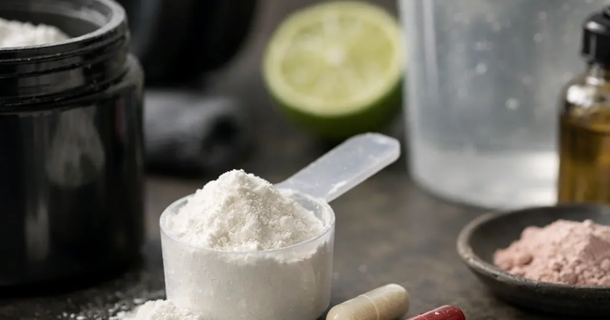 Messlöffel mit weißem Pulver, zwei Kapseln, Dose, Wasserglas, Limette und Hantel im Hintergrund