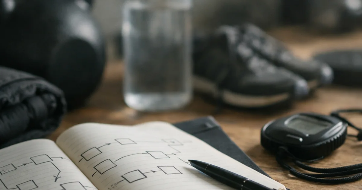 Aufgeschlagenes Notizbuch mit Diagramm, Kugelschreiber, Stoppuhr, Trinkflasche, Kettlebell und Sportschuhen auf Holztisch