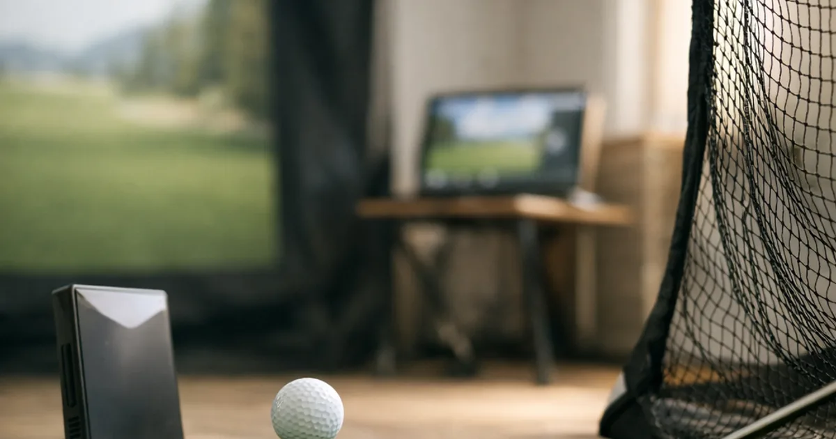 Golfball auf Gummitee, Eisenschläger und Messgerät auf Kunstrasen vor Netz und Monitor