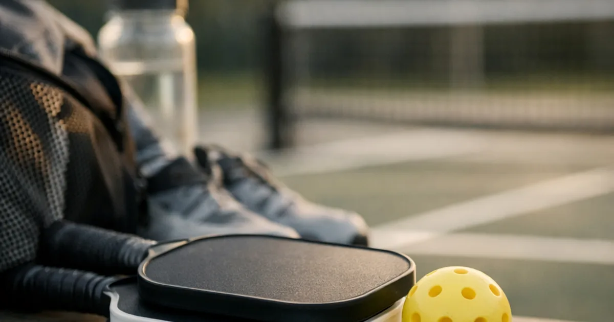 Zwei Pickleball-Schläger und gelber Lochball auf Holzbank, dahinter Tasche, Trinkflasche und Platz