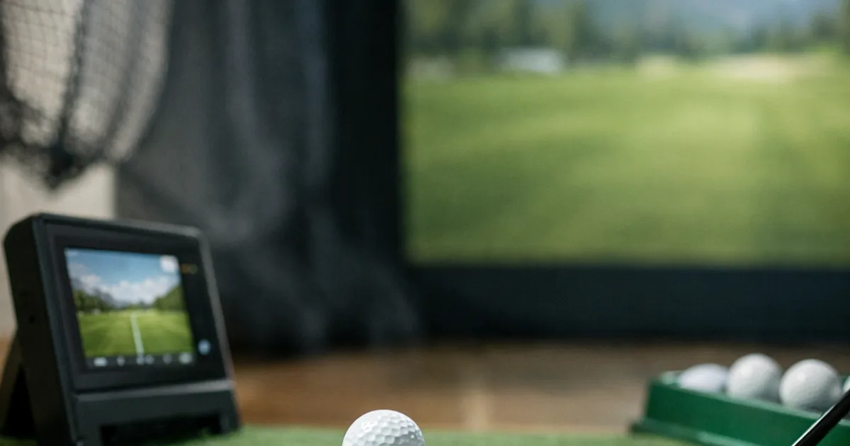 Golfball auf Tee neben Driver auf Kunstrasenmatte, Launch-Monitor und Projektionsleinwand im Hintergrund