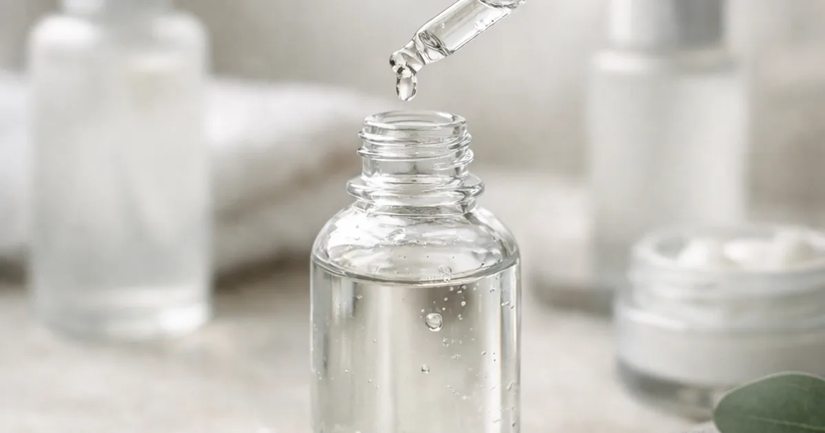 Pipette tropft klares Serum in offene Glasflasche, daneben Steine, Blätter und unscharfe Kosmetiktiegel