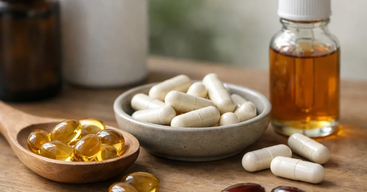 Weiße Kapseln in Schale, gelbe und rote Softgels, Tropfflasche und Dosen auf Holzbrett